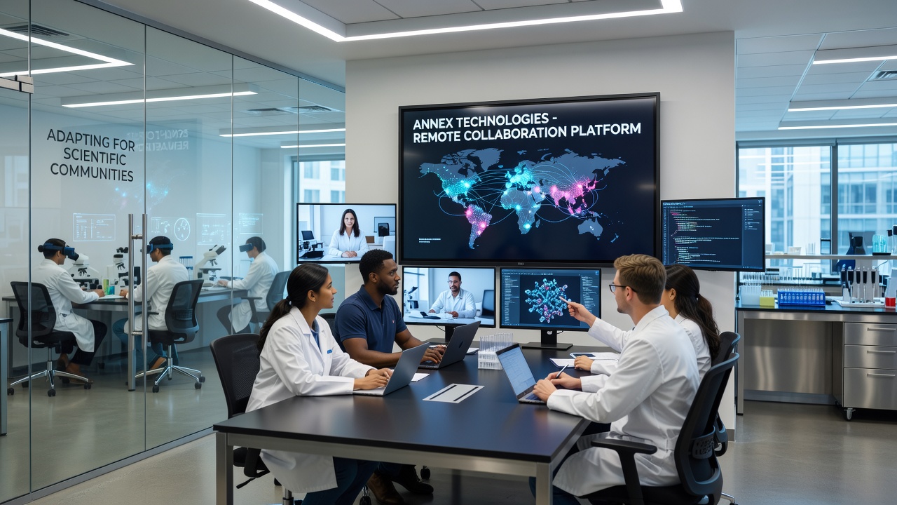 Virtual conference setup where Annex technologies facilitate live discussion among international scientists examining shared models
